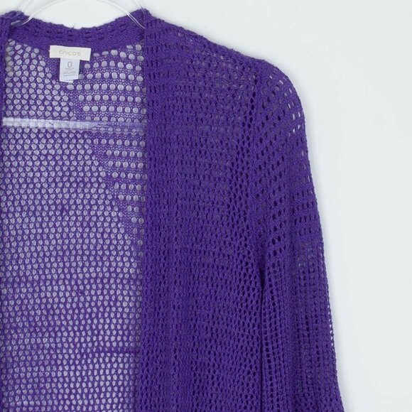 Chicos Womens Open Knit Linen Blend Long Cardigan Size 0 S Purple 3/4 Sleeve - Picture 2 of 7